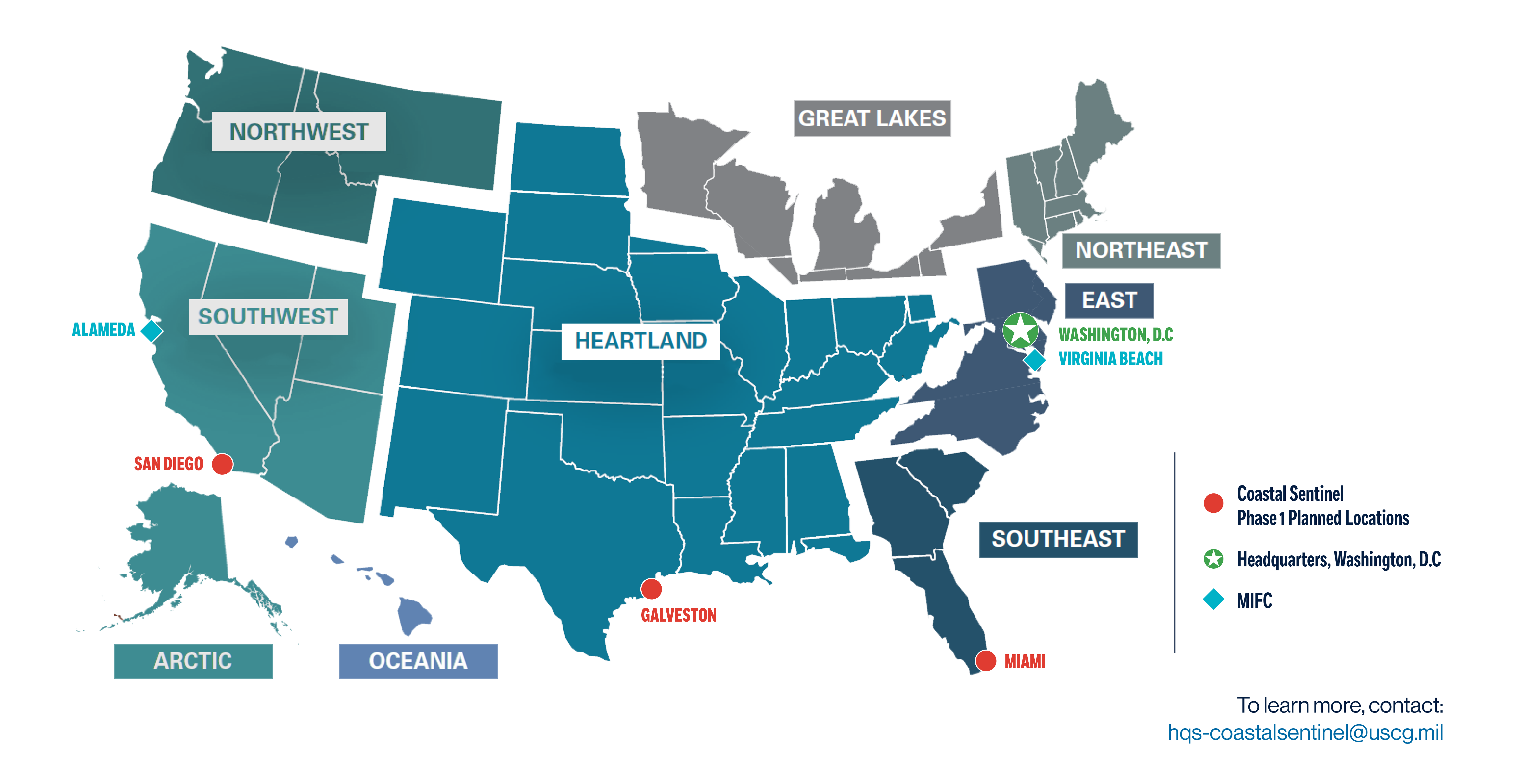 A U.S. map showing Coastal Sentinel Phase 1 locations
